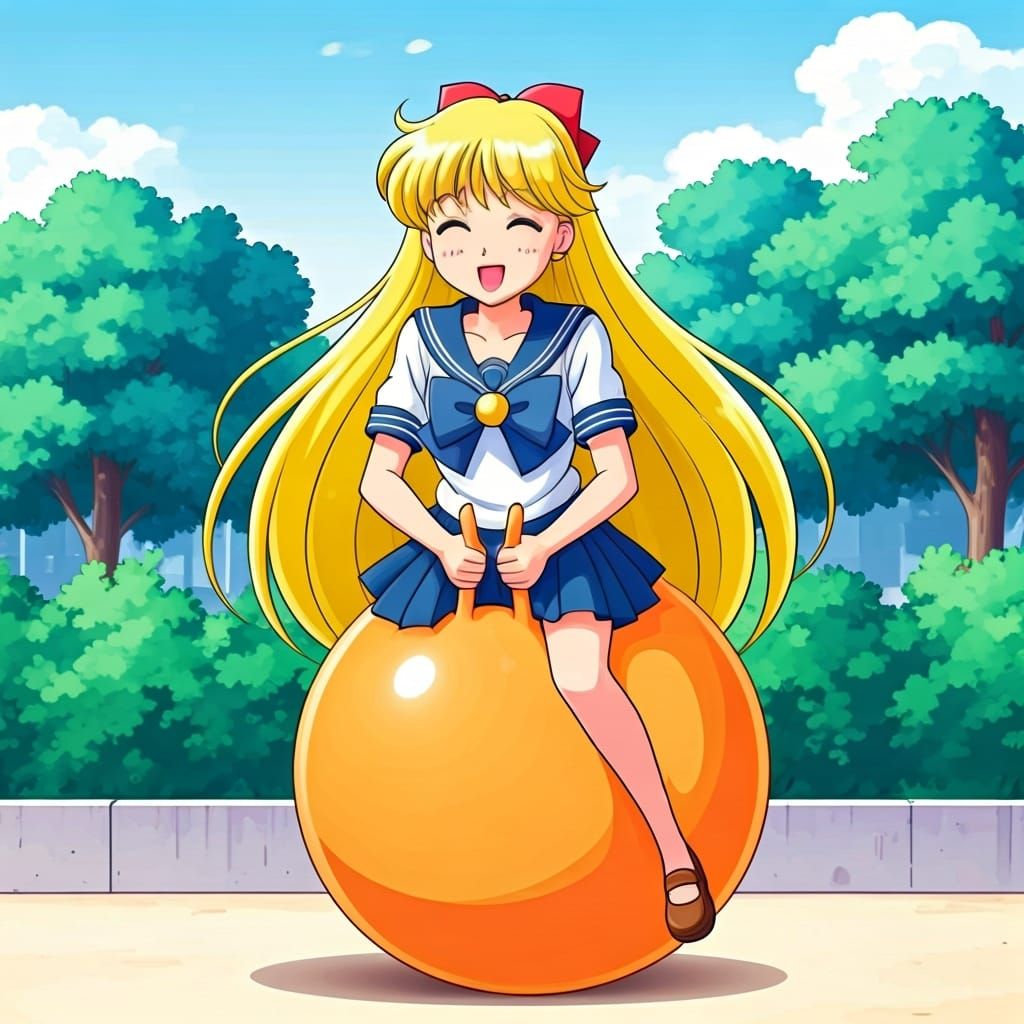 Sailor Venus Bouncing on Hopper Ball in 2D Style