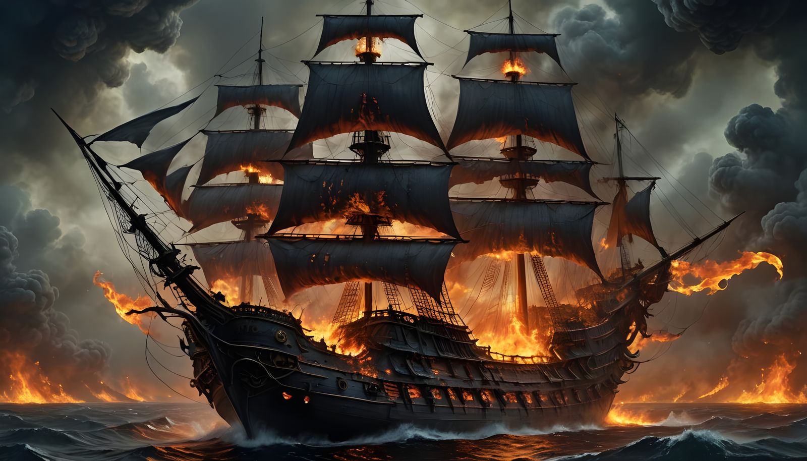 Flaming Ghost Ship on Dark Ocean