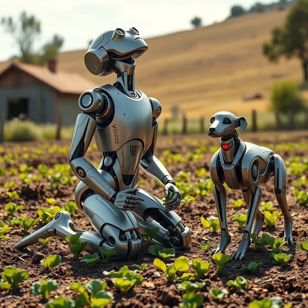 Humanoid Robot Harvests Vegetables in Rustic Farm Field with...