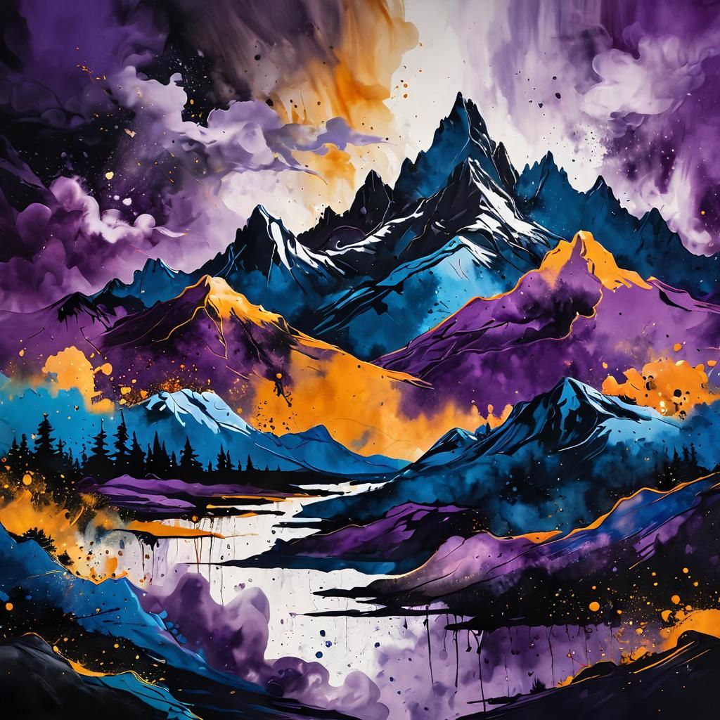 A landscape where ink splatters add texture and depth to the...