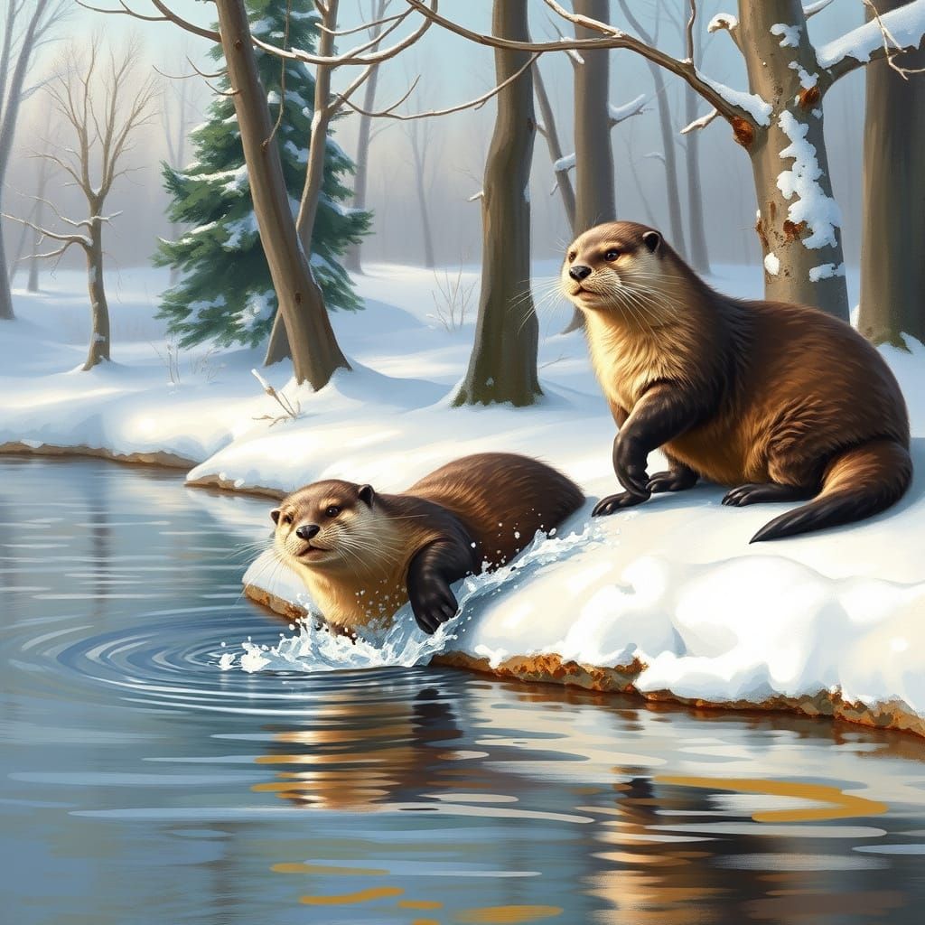 Otters Play on Snowy Bank, Painterly Style