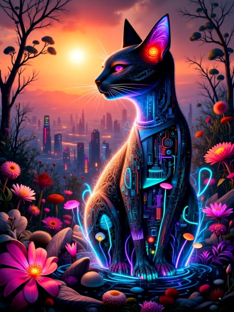 Elegant Cat Sitting Inside Neon Flower with Butterflies