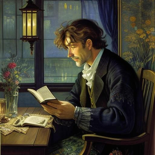 Fisherman Reading Book in Art Deco Surrealist Style