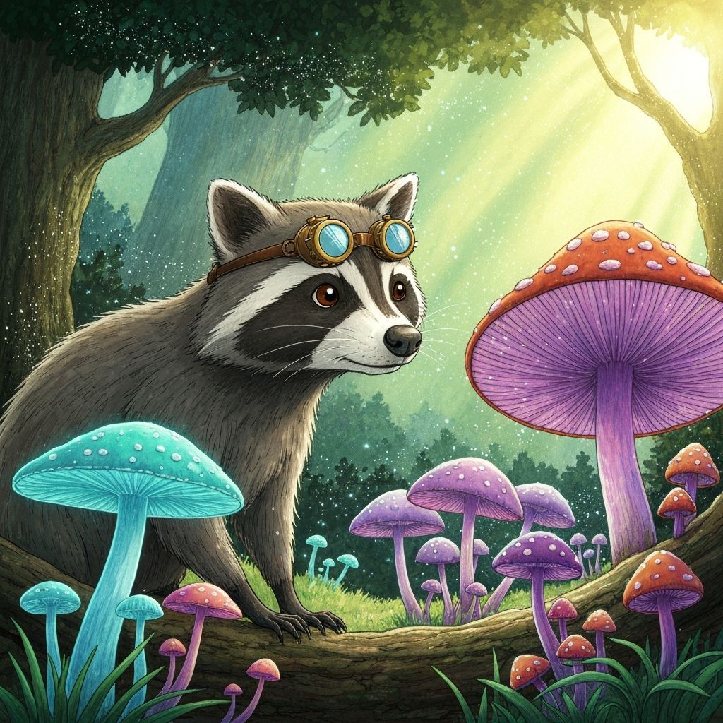 Ent and Steampunk Raccoon in Bioluminescent Forest