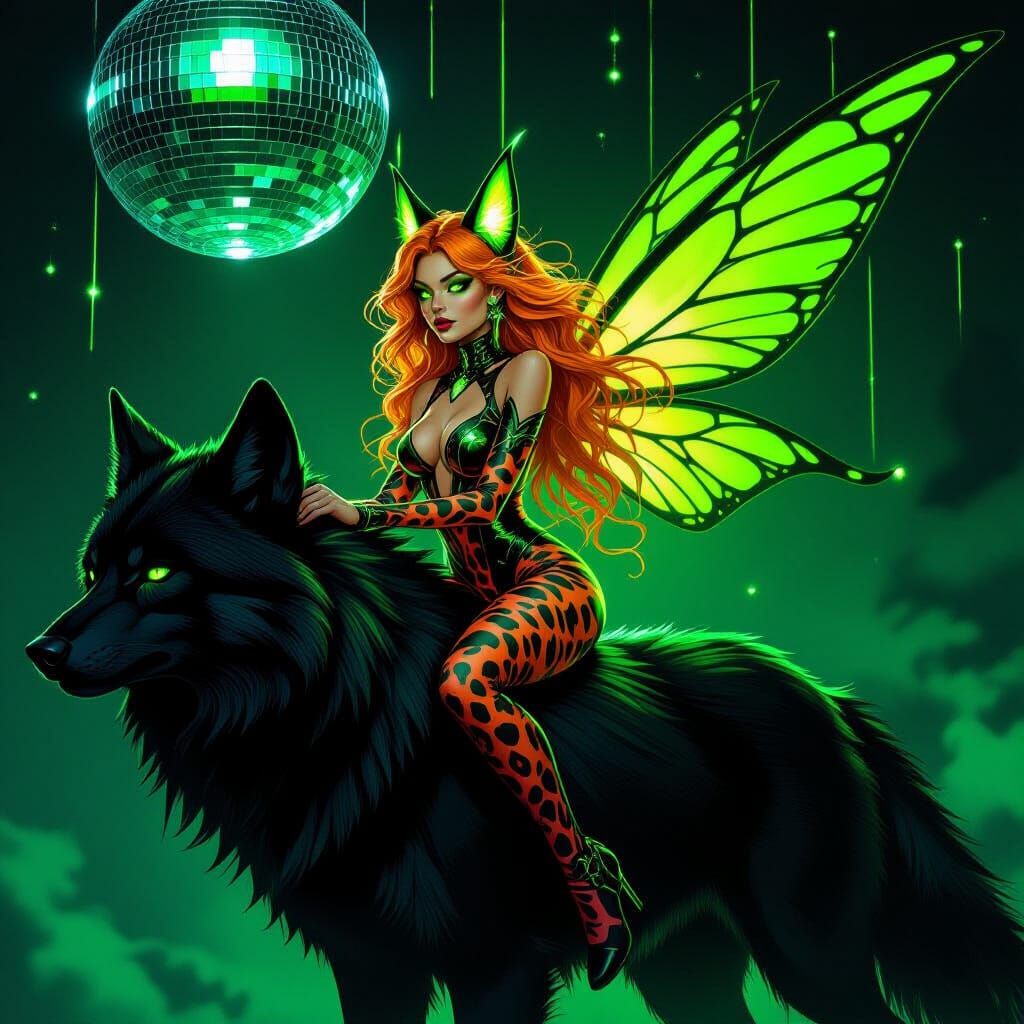 Fairy Riding a Black Wolf in Cyberpunk Style
