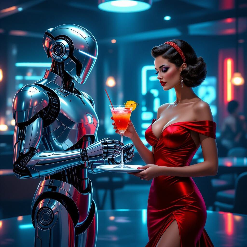 Robot Waiter Serves Femme Fatale, Retro-Futuristic Art