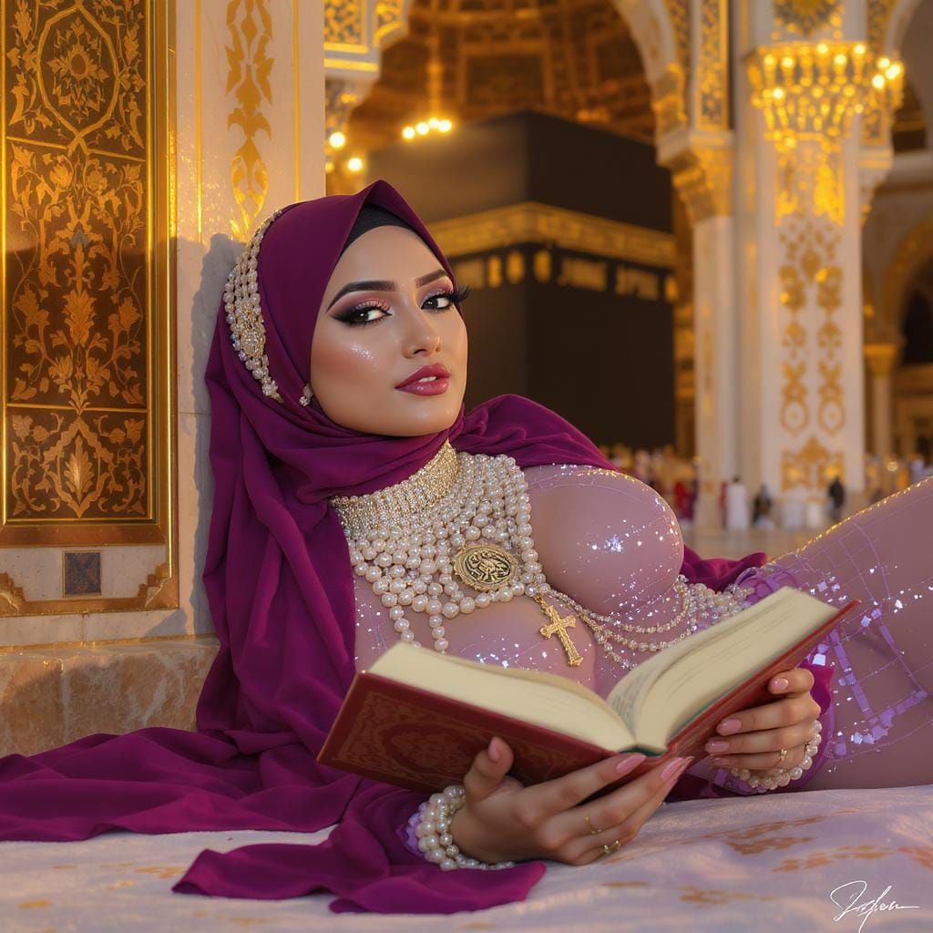 Woman Reads Quran in Catsuit with Pearl Jewelry