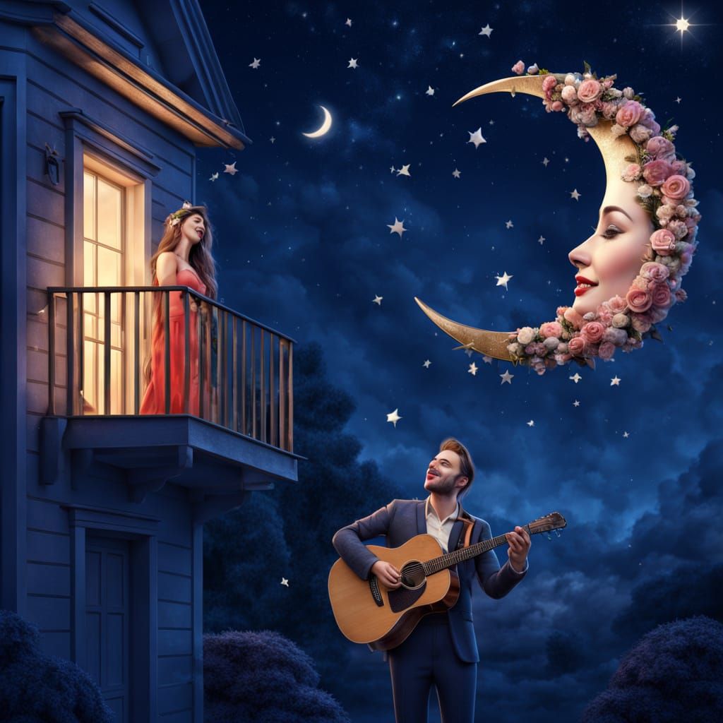Hyper-Realistic Serenade under Smiling Crescent Moon