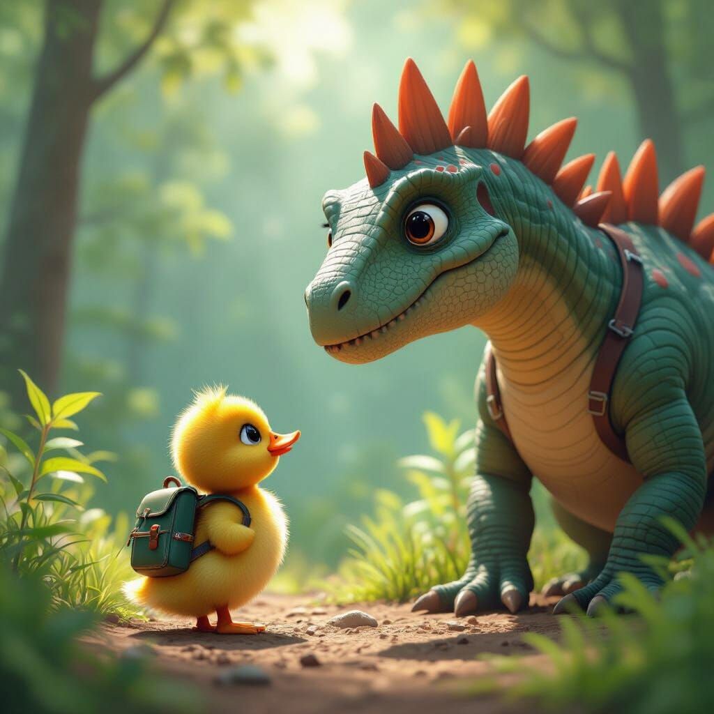 Duckling and Dinosaur in Lush Forest, 3D Animation