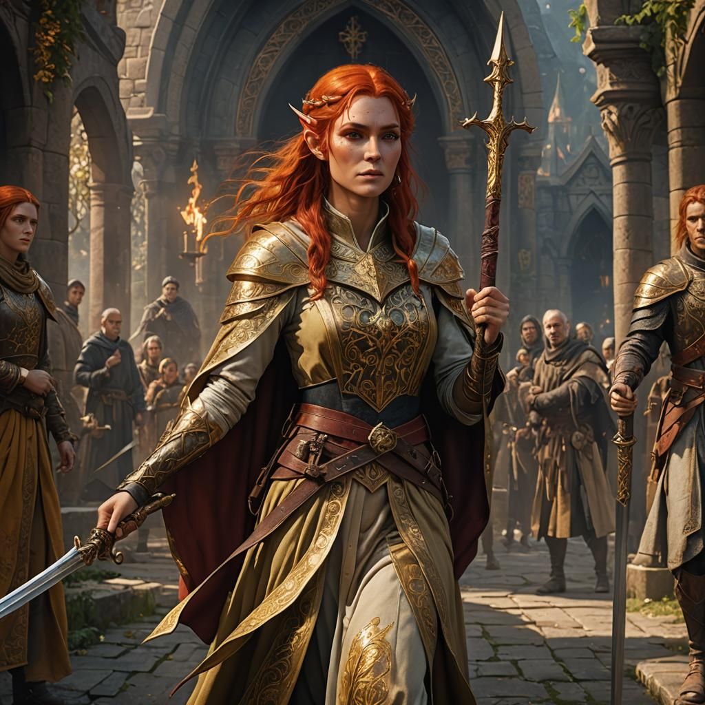 Elven Woman in Golden Robes with Rapier