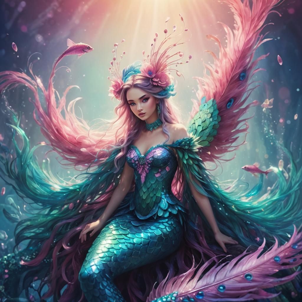 Peacock Feather Woman and Mermaid: Vibrant Digital Art
