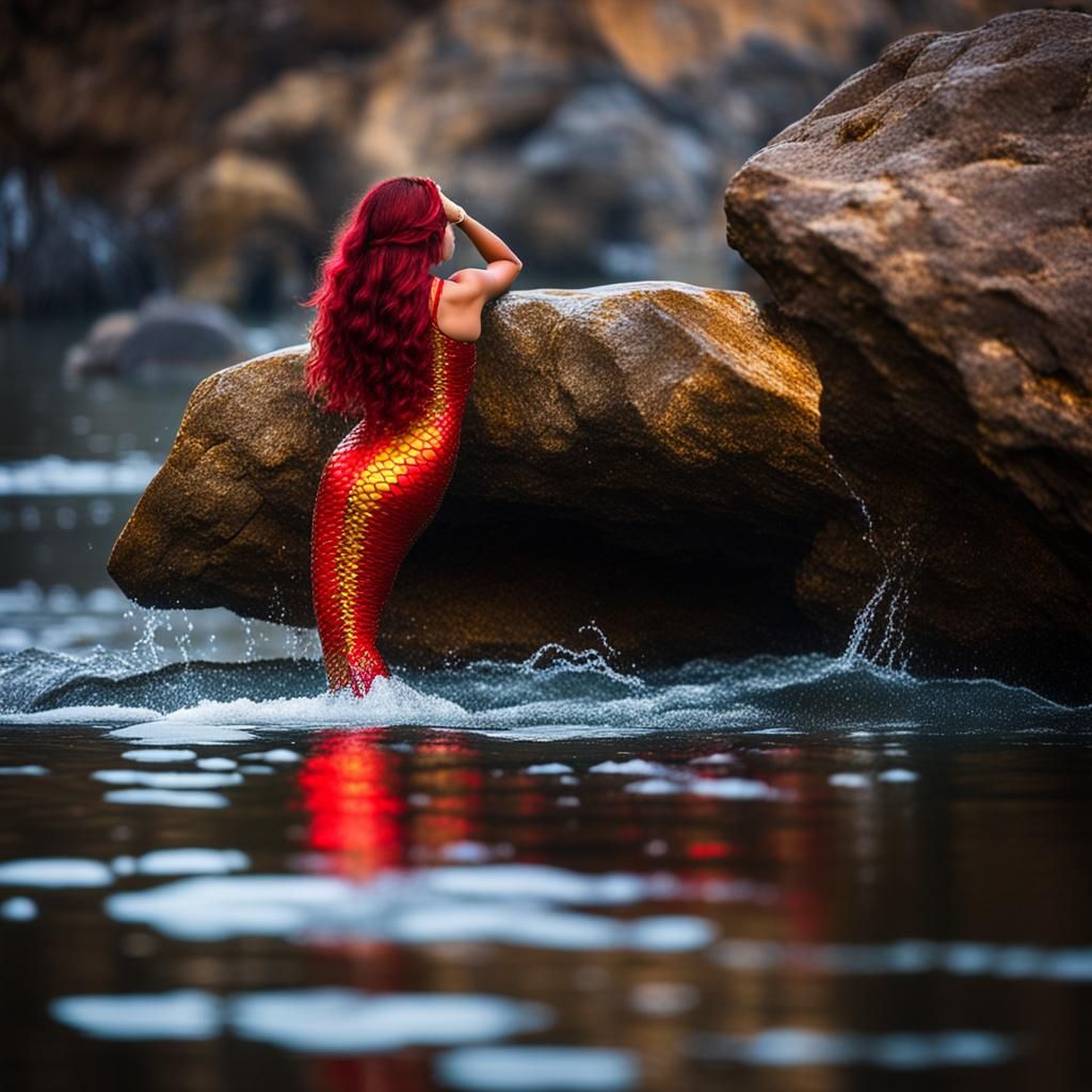 Red-Haired Mermaid on Rock with Golden Tail