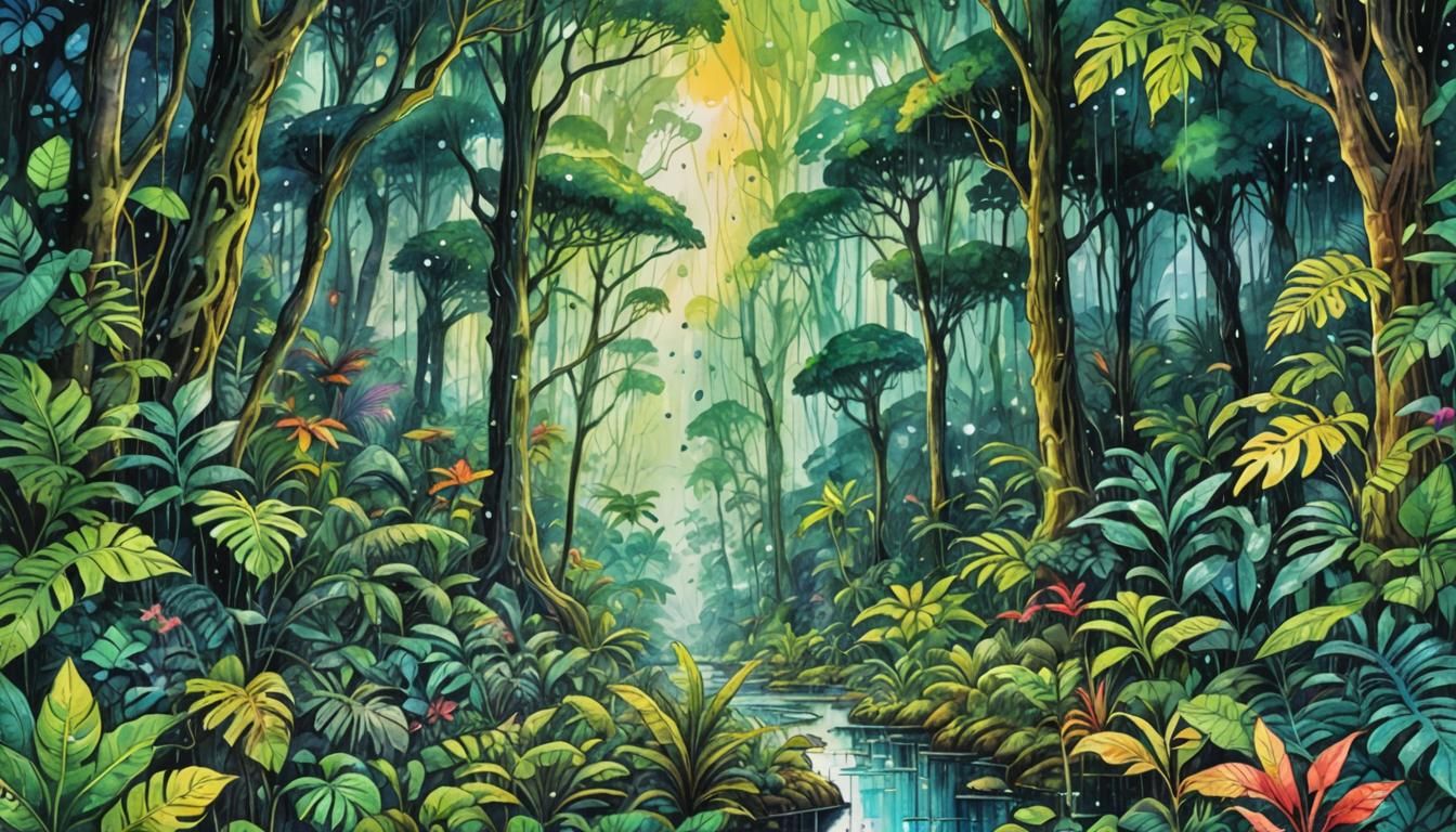 Lush Rainforest Illustration in Watercolor Style