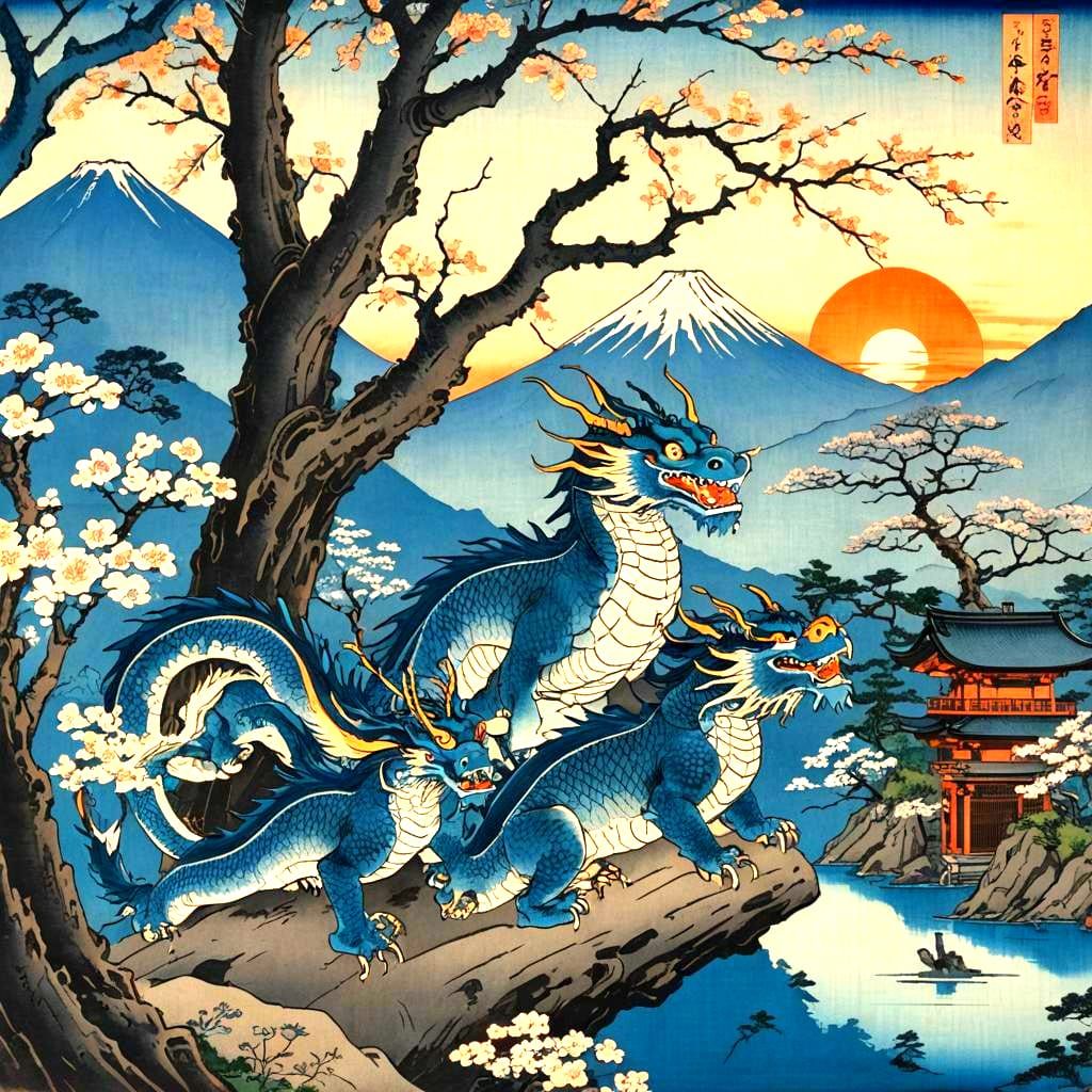 Japanese Dragons near Temple, Ukiyo-e Style