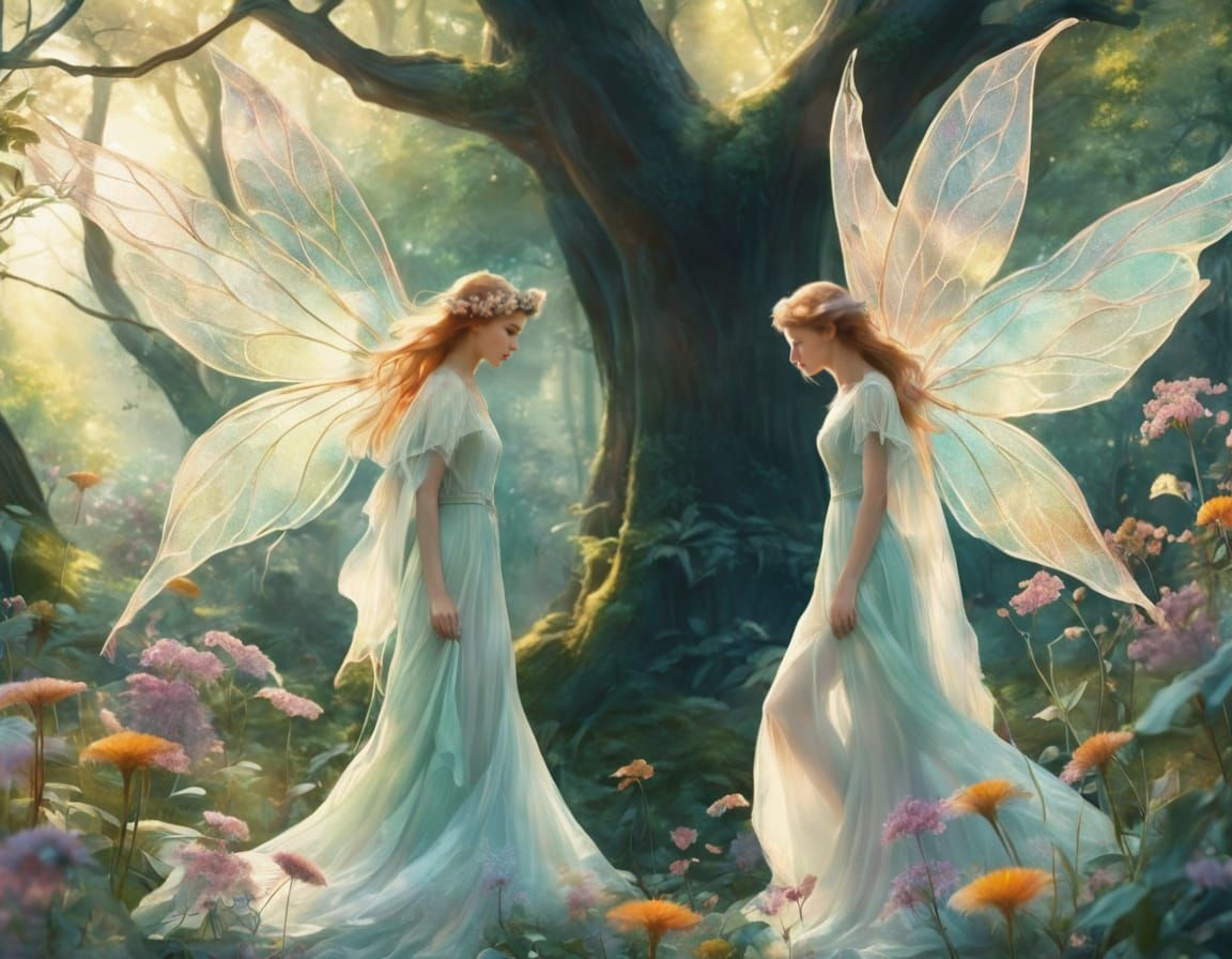 Ethereal Forest Beings in a Majestic Woodland