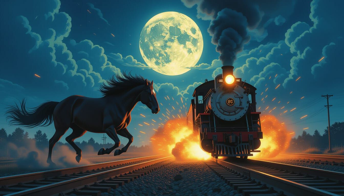 Horse and Locomotive Collision at Night