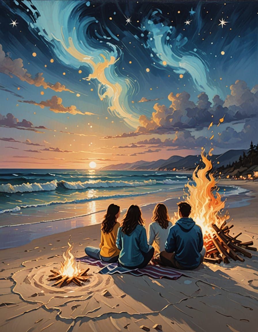 Friends Gather by Bonfire on Beach, Oil Painting