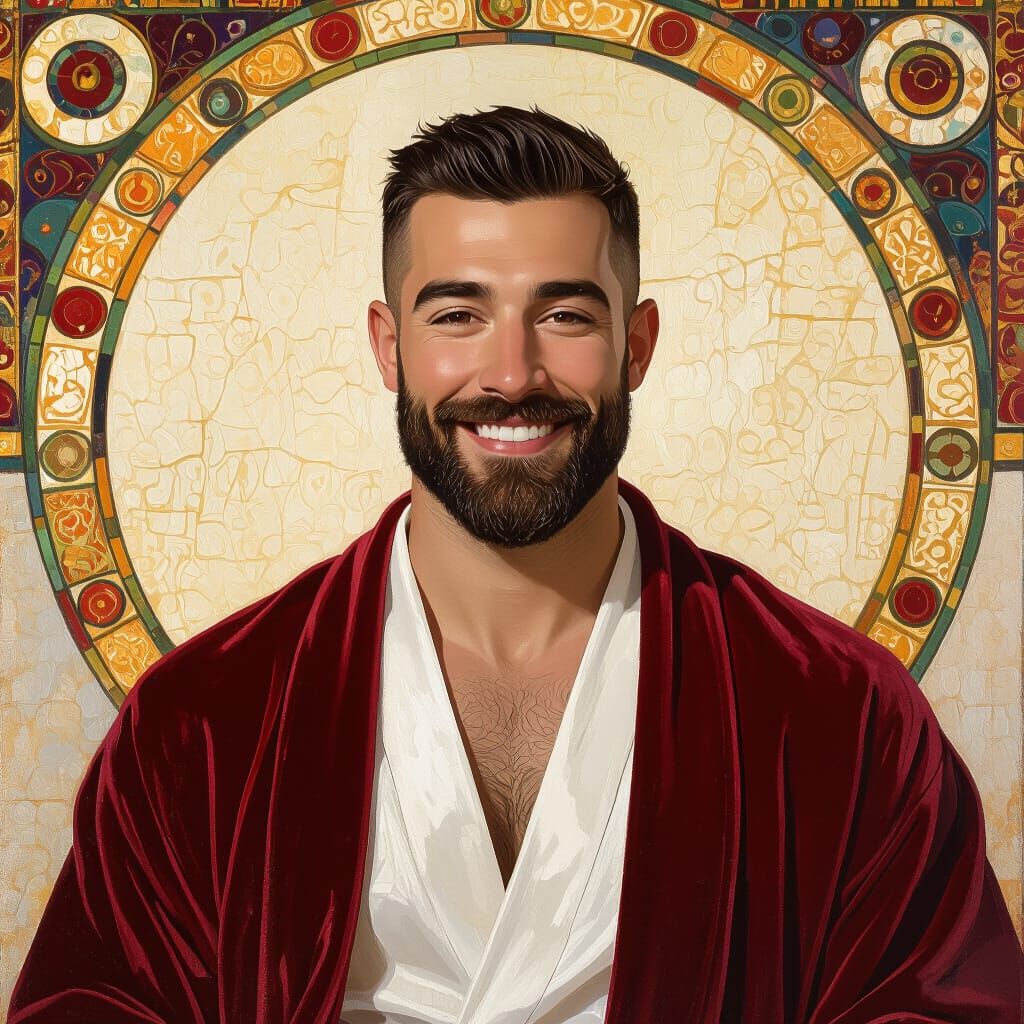 Bearded Man in Velvet Robe, Klimt-Inspired Portrait