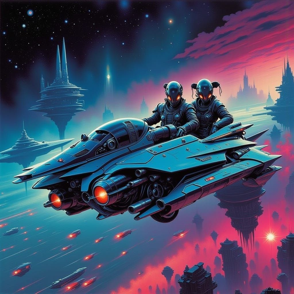 Aliens in Flying Car Soaring Through Starry Sky