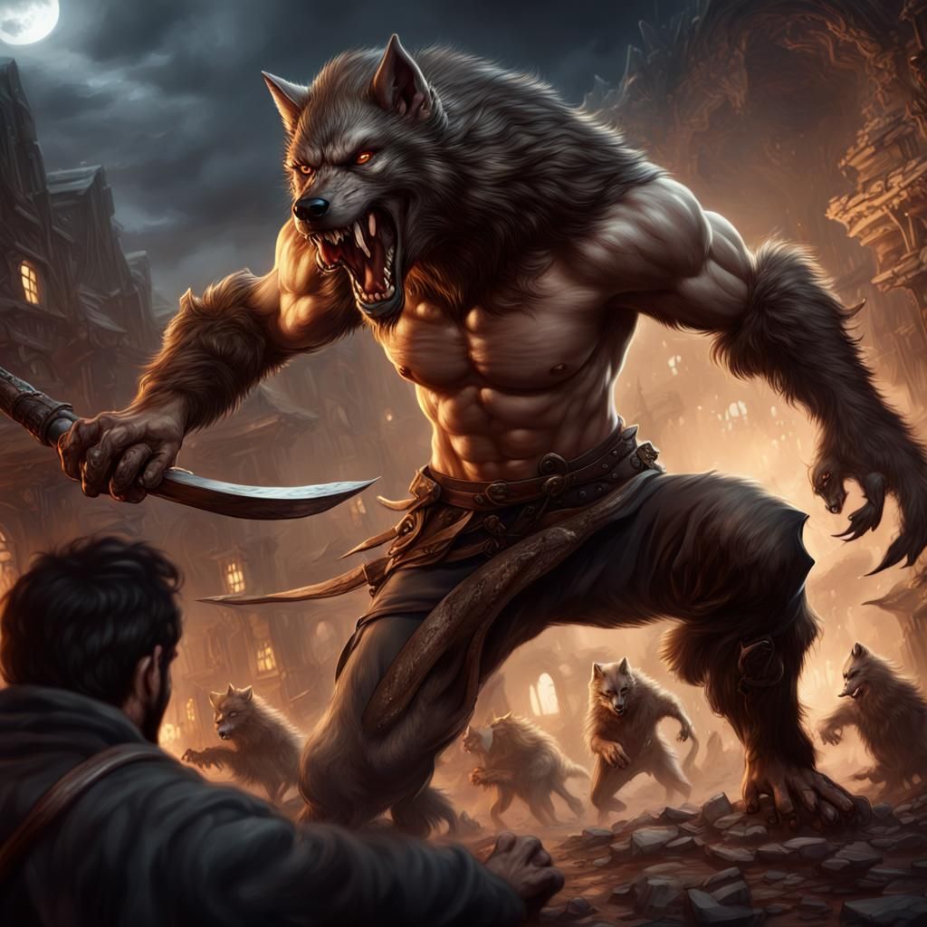 Man Battles Werewolves: Detailed Fantasy Art