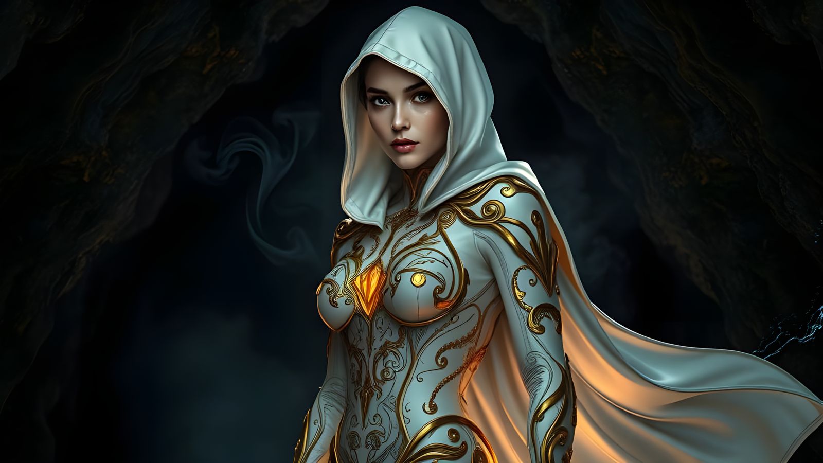 Dark Fantasy Woman in Luminous Plug Suit, Surrounded by Shad...