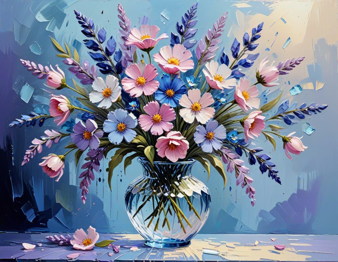 Lush Blossoms in Crystal Vase, Palette Knife Oil Painting