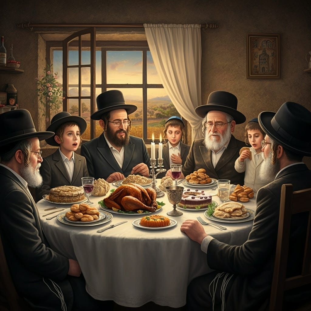 Festive Shabbat Table Scene in Realistic Painting Style