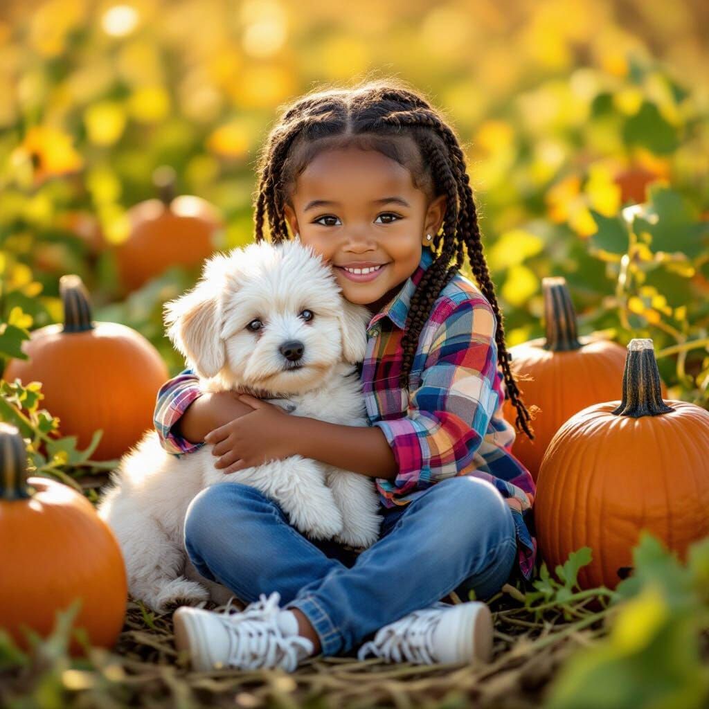 Girl with Puppy in Pumpkin Patch, Contemporary Portraiture