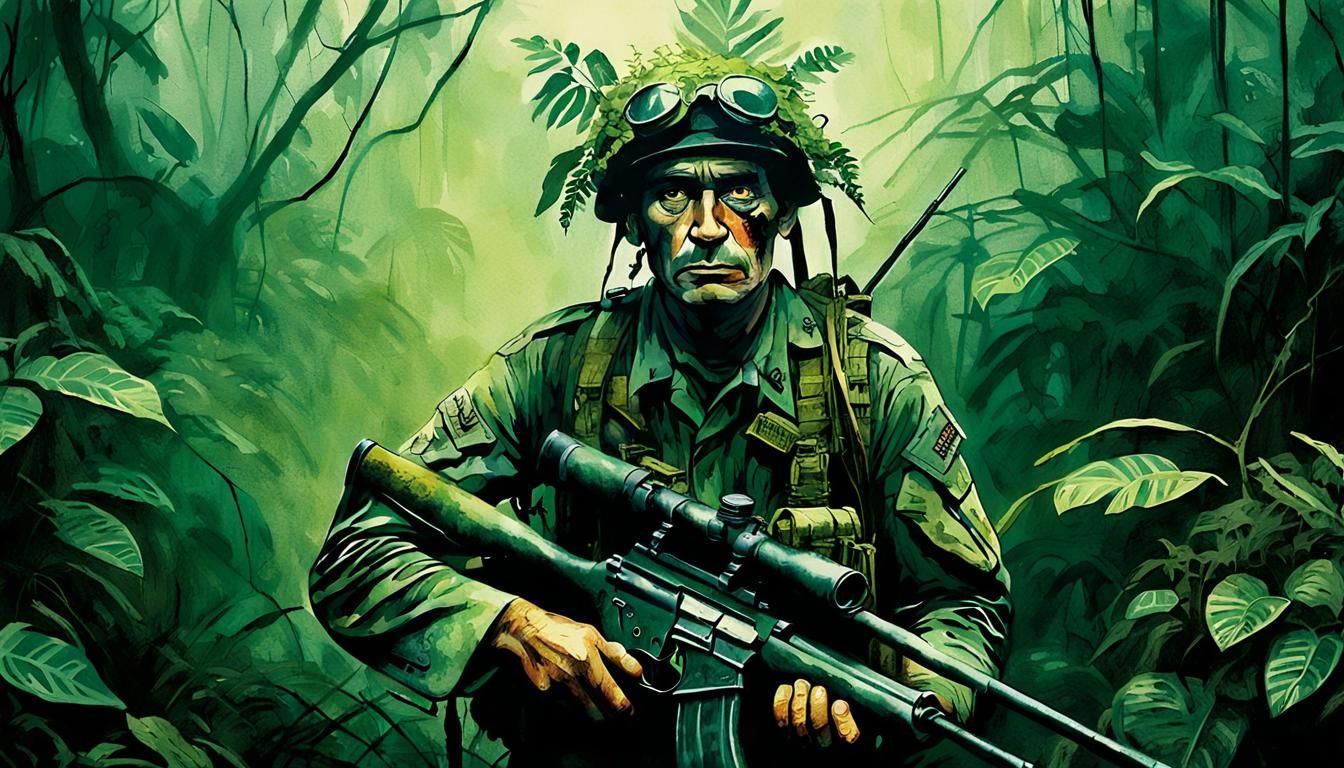 Soldier in Jungle Camouflage, Mixed Media Portrait