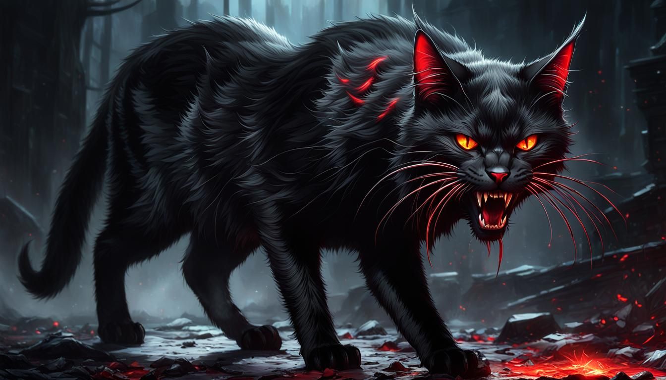 Sinister Black Cat with Scars in Ruined Castle