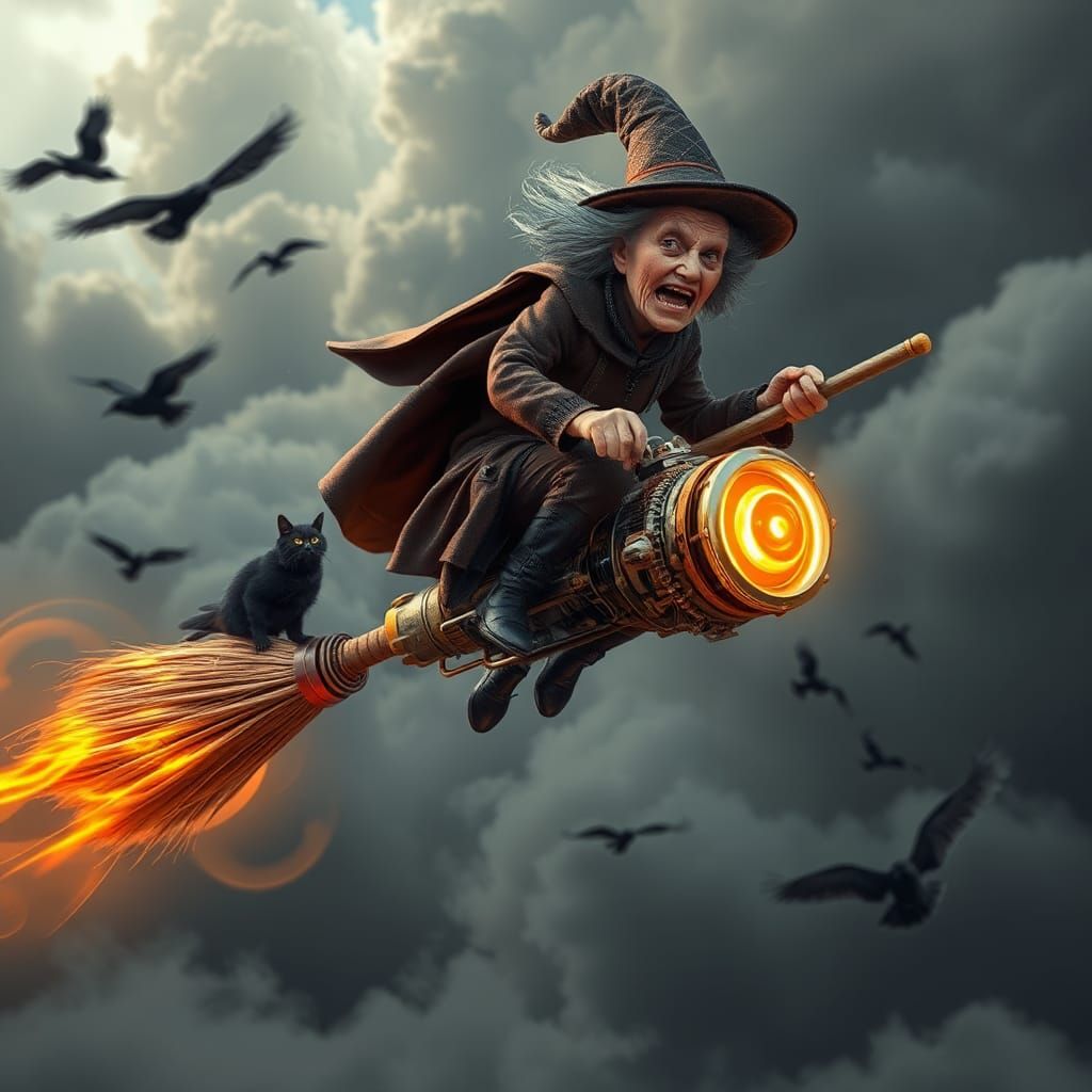 Steampunk Witch Rides Jet-Powered Broomstick