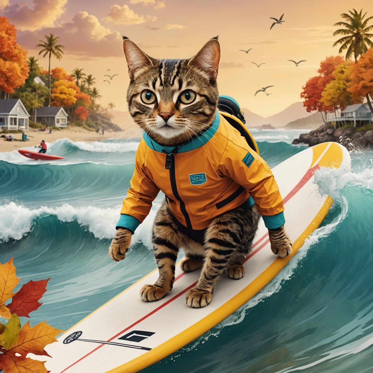 A Cat Riding a Surfboard in Digital Art