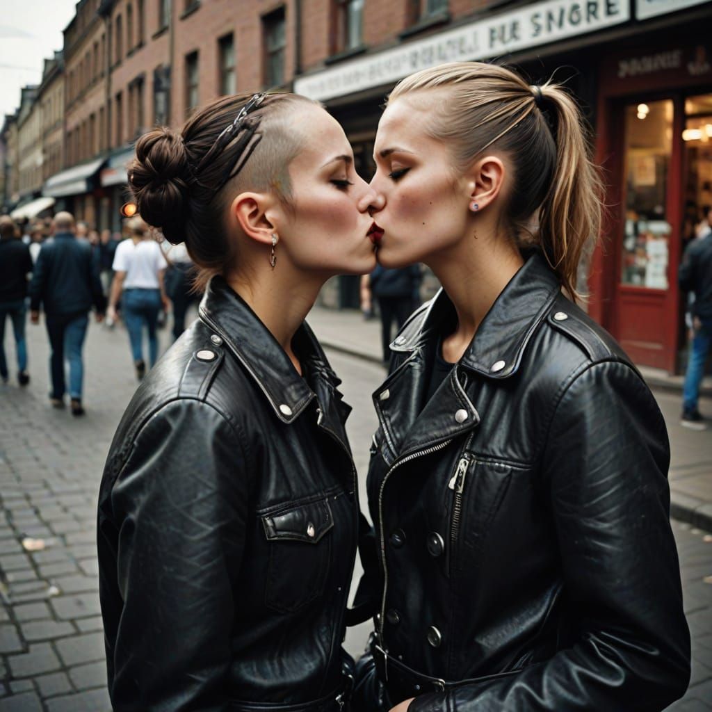 Passionate Kiss: Skinhead Women in Intimate Embrace