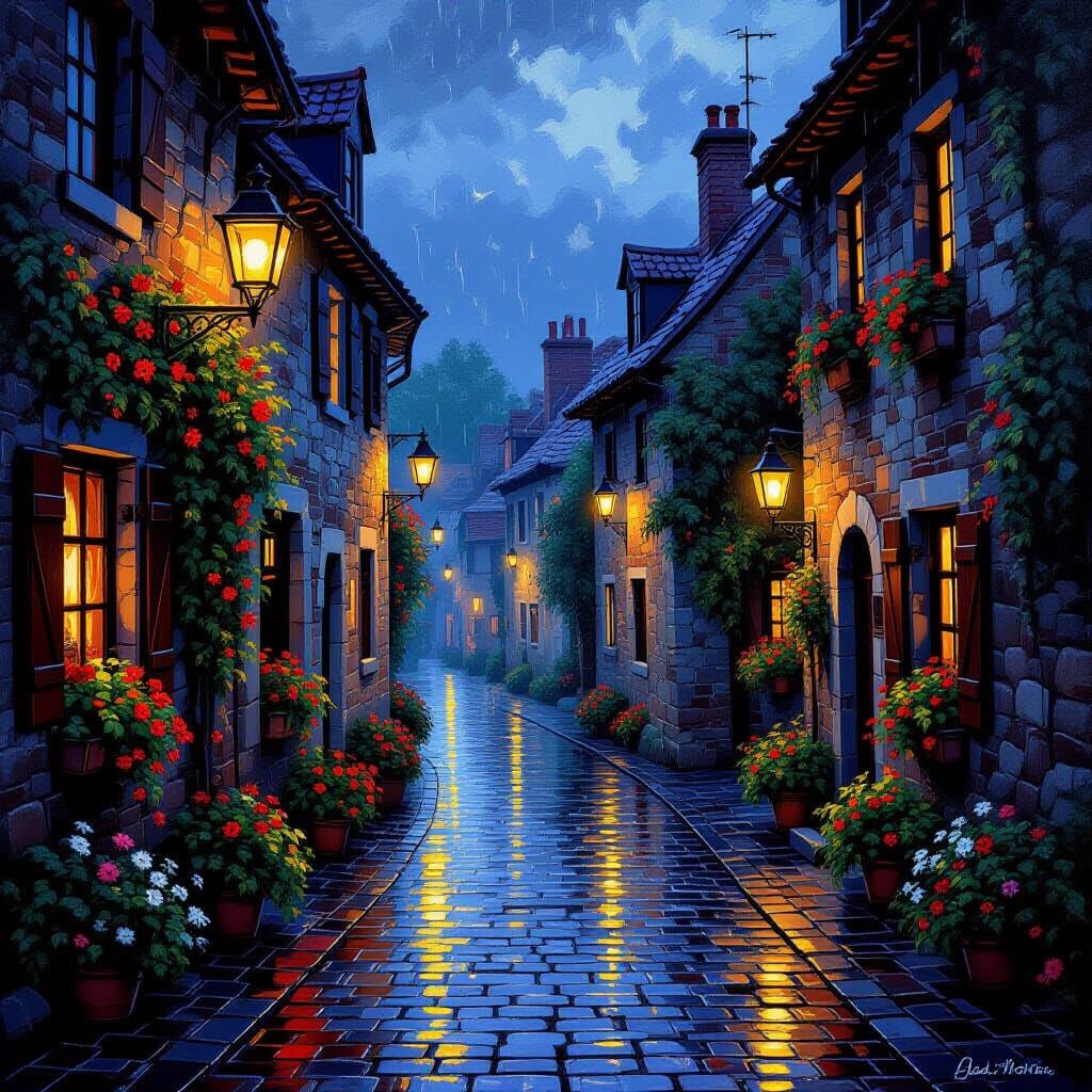 Dusk on European Cobblestone Street After Rain