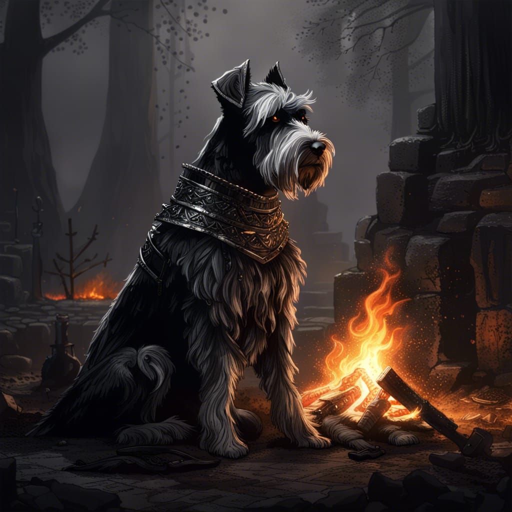 Schnauzer by Bonfire in Dark Fantasy Style