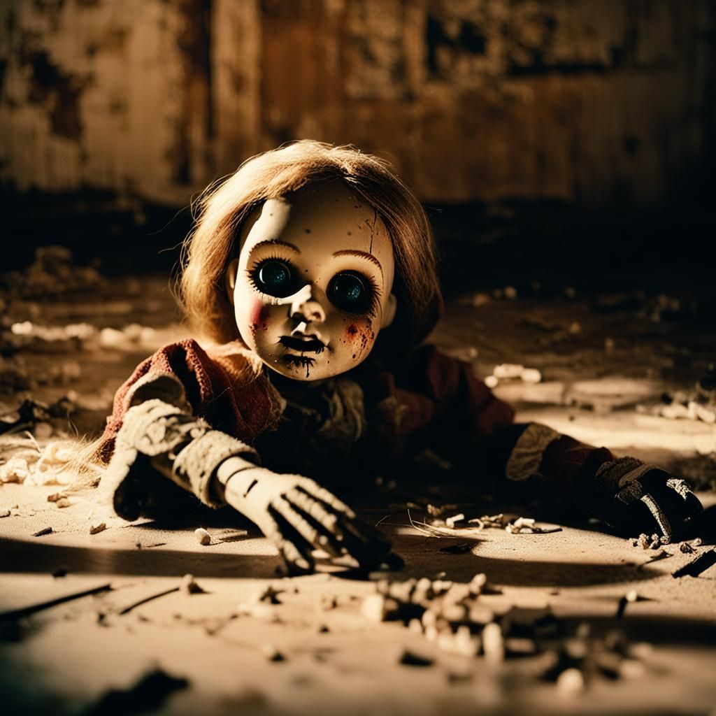 Creepy Doll on Derelict Floor in Film Still