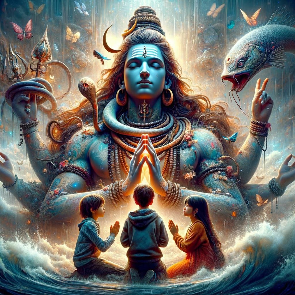 Ethereal Shiva Deity with Devotees in a Realistic Fantasy Sc...