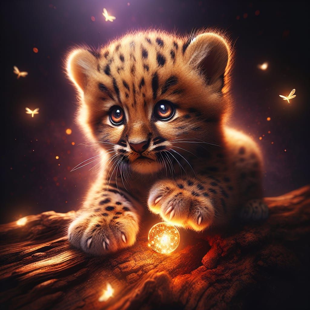 Mystical Leopard Cub Plays with Glowing Ball in Dark Forest