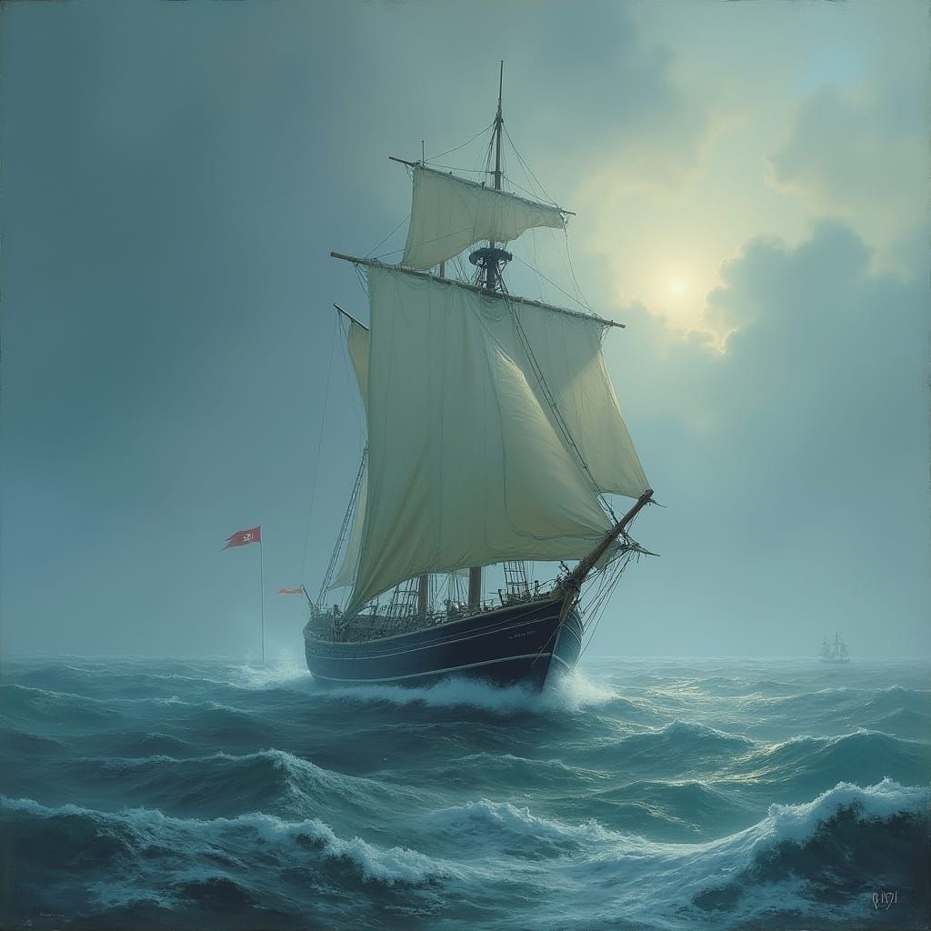 Sailor Trailing a Haunted Ship Through Frozen Winter Seascap...