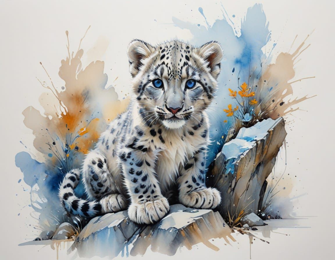Snow Leopard Cub in Watercolour Blend