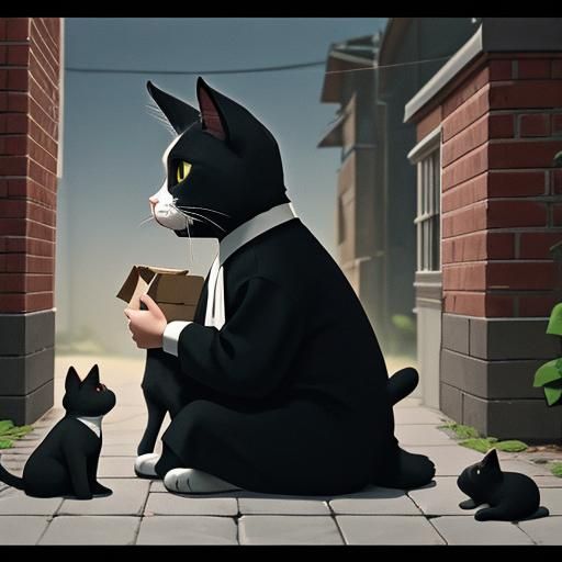 Family and Cat in Line: Cinematic Film Still