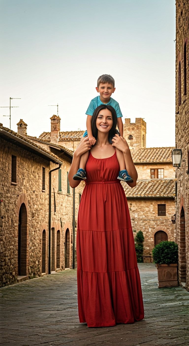 Tall Italian Woman Carries Boy in Tuscan Village