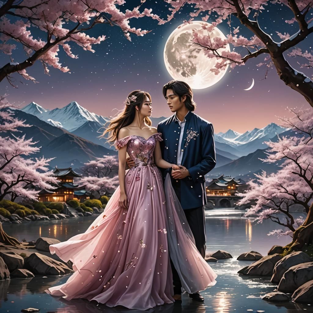 Romantic Couple Under Sakura Tree in Fantasy Landscape