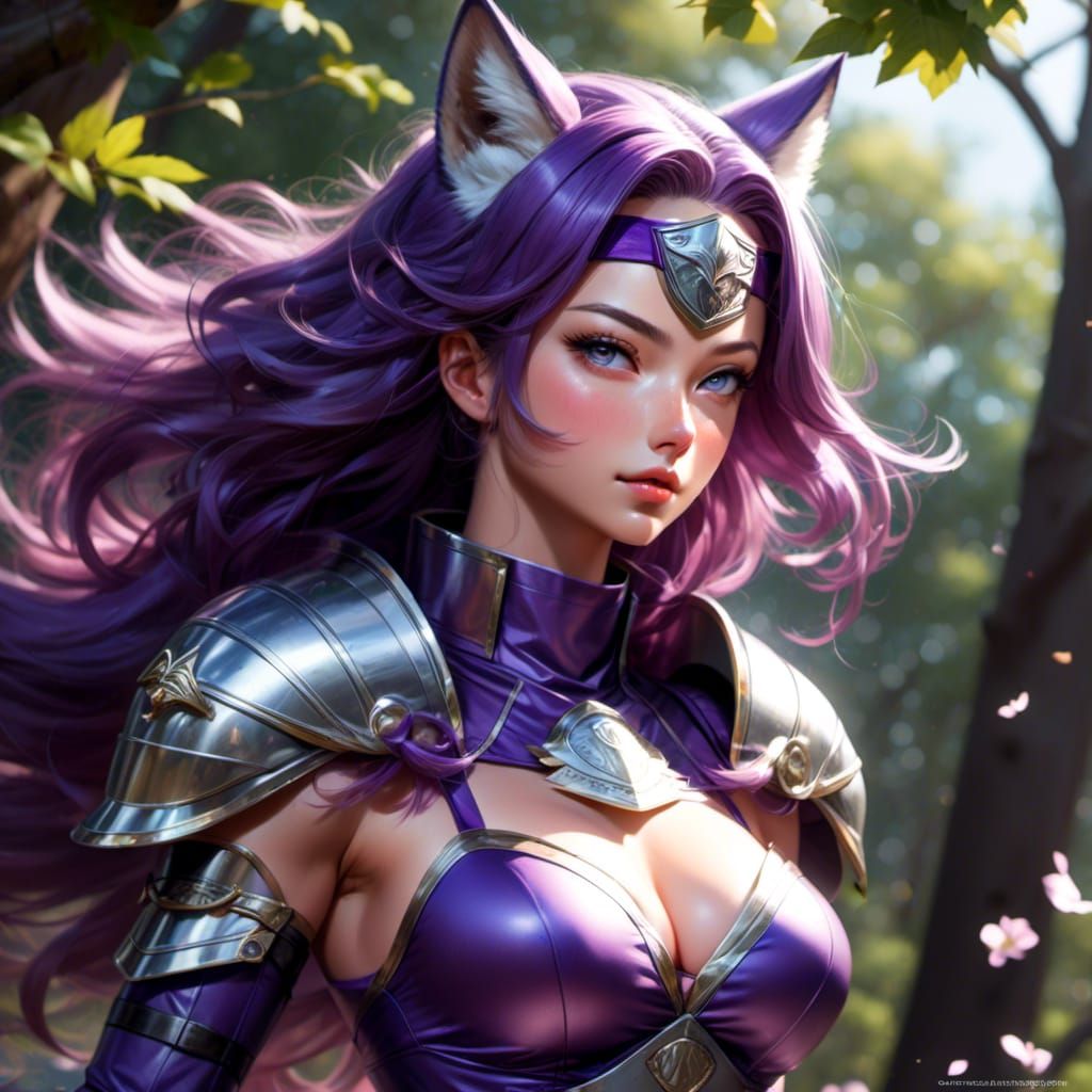 Armored Purple Wolf Knight Leaping Through Forest