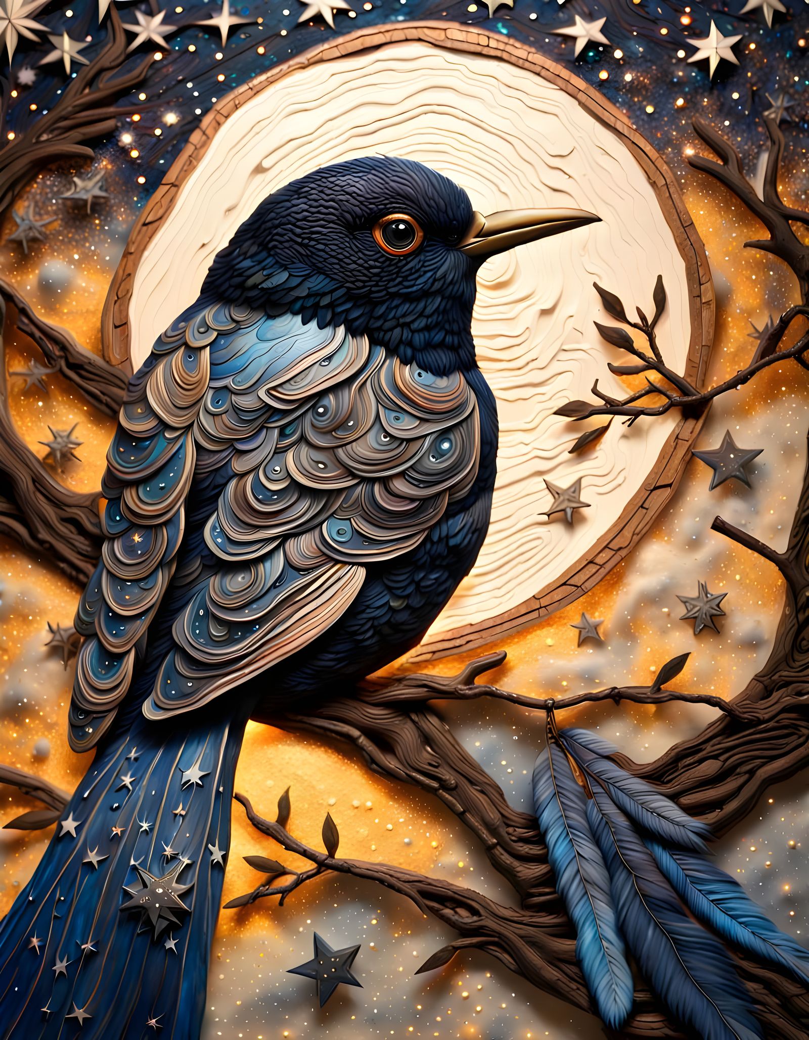 Starry Night Bird Relief in Mixed Media
