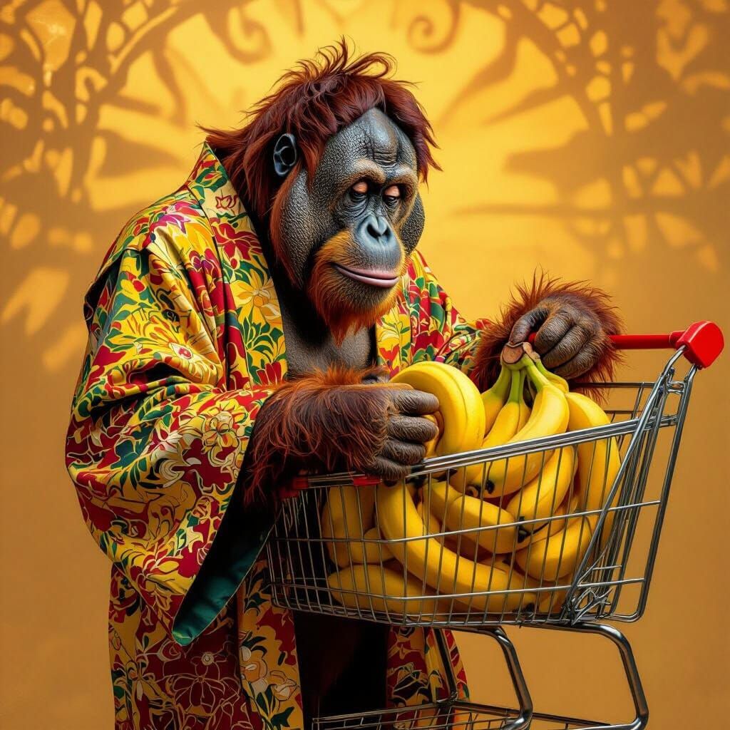 Orangutan's Banana Shopping Spree: Hyperdetailed Concept Art
