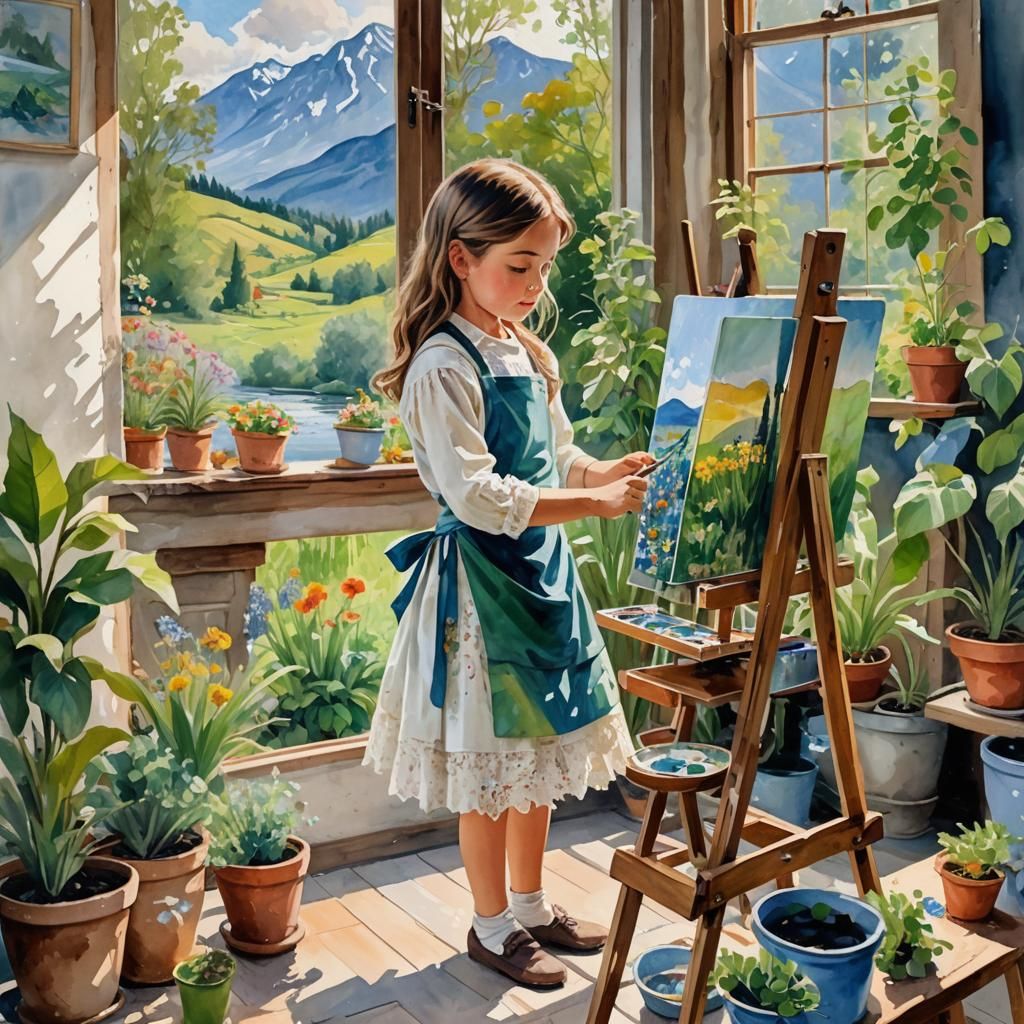 Girl Painting in Bohemian Art Room as Gouache