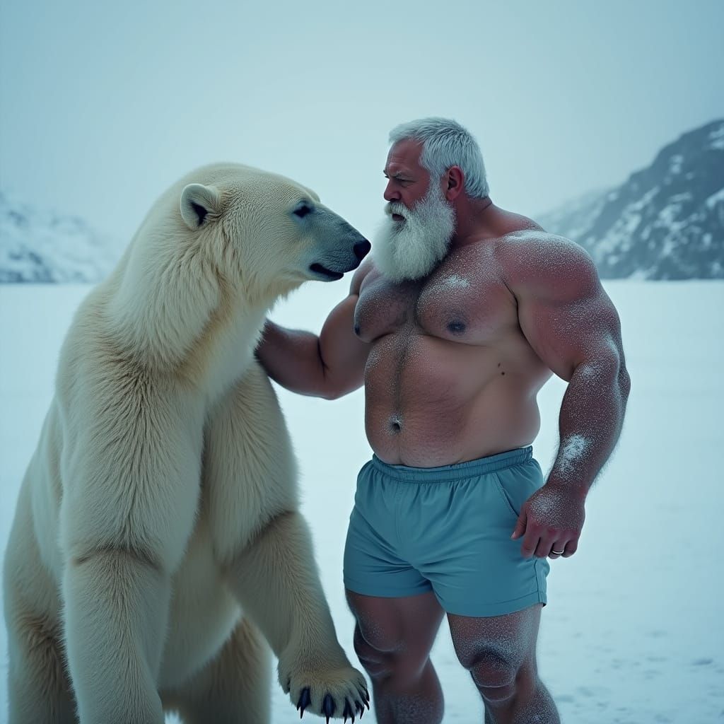 Icelandic Bodybuilder and Polar Bear, Hyperrealistic Art