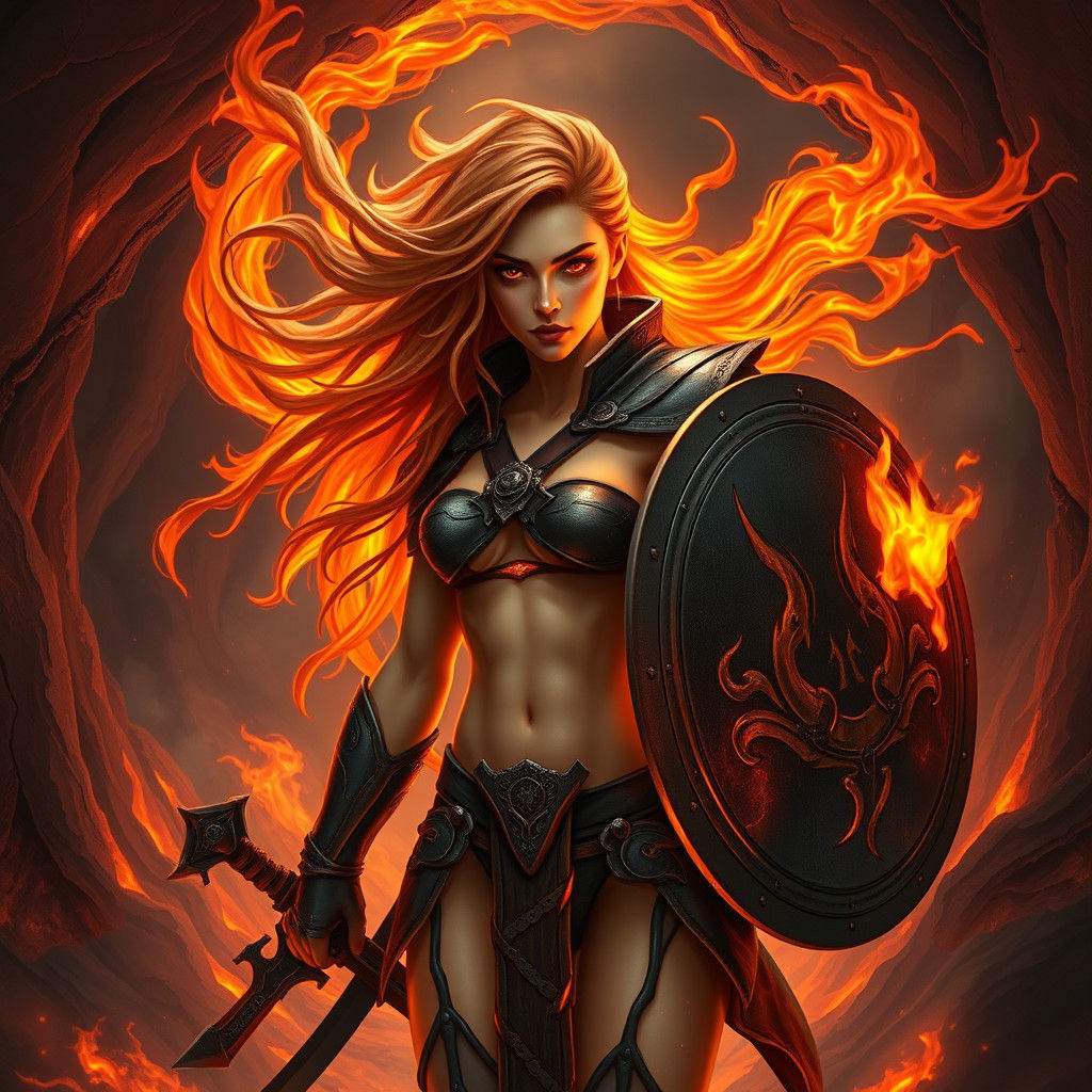 Lava Warrior Woman with Fiery Hair and Armor