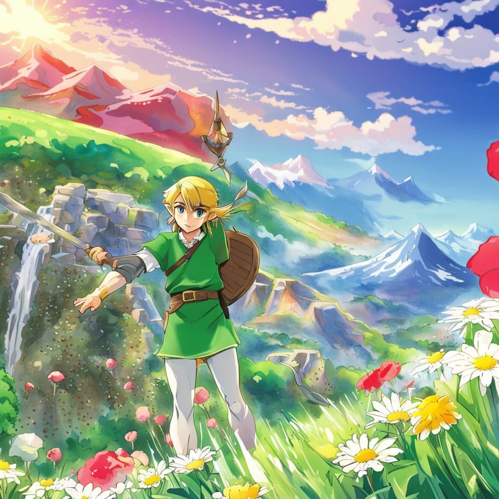 Link in a Flower Field: Anime Style
